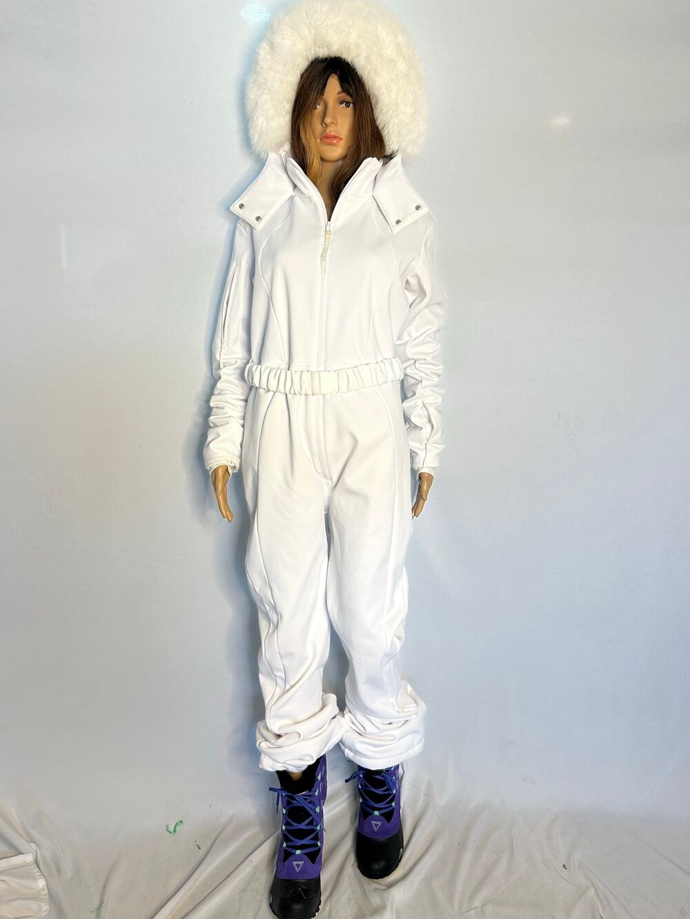 ASOS 4505 White Belted Ski Suit Faux Fur Hood Snow Jumpsuit Womens US 12